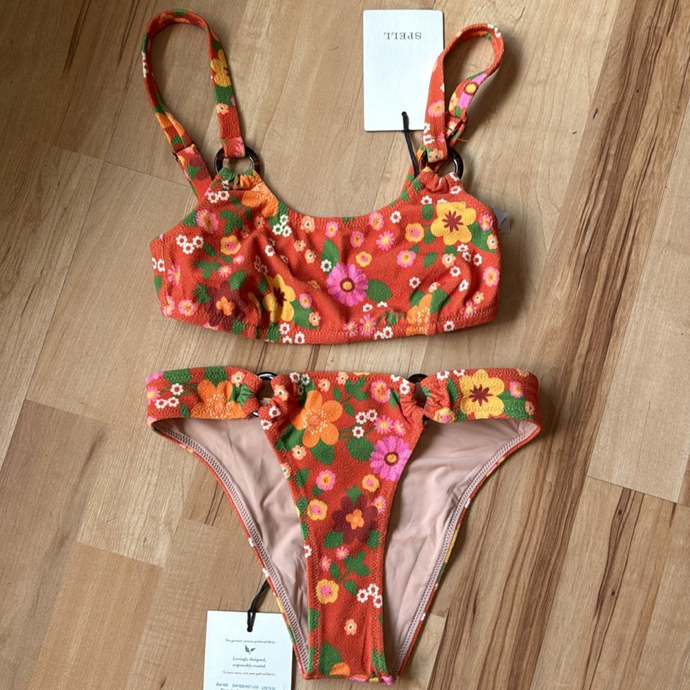 NWT Spell Pomelia Ring Scoop/Ring Pant Bikini in Retro Size XXS Orange Floral - Picture 13 of 16